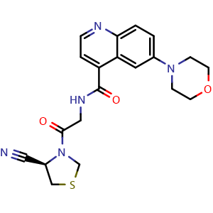 Chemical structure of N-[2-[(4R)-4-Cyanothiazolidin-3-yl]-2-oxo-ethyl]-6-morpholino-quinoline-4-carboxamide , CAS 2791472-12-1, AChemBlock AD282474