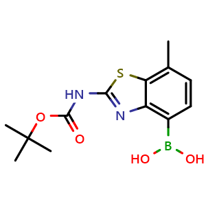 Chemical structure of [2-(tert-Butoxycarbonylamino)-7-methyl-1,3-benzothiazol-4-yl]boronic acid , CAS 2803281-24-3, AChemBlock AD282475