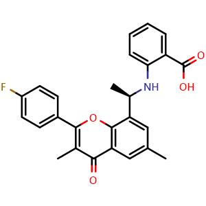 Chemical structure of 2-[[(1R)-1-[2-(4-Fluorophenyl)-3,6-dimethyl-4-oxo-chromen-8-yl]ethyl]amino]benzoic acid , CAS 2862759-64-4, AChemBlock AD282478