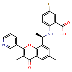 Chemical structure of 2-[[(1R)-1-[3,6-Dimethyl-4-oxo-2-(3-pyridyl)chromen-8-yl]ethyl]amino]-5-fluoro-benzoic acid , CAS 2864402-23-1, AChemBlock AD282479