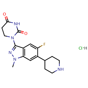 Chemical structure of 1-[5-Fluoro-1-methyl-6-(4-piperidyl)indazol-3-yl]hexahydropyrimidine-2,4-dione;hydrochloride , CAS 2882172-11-2, AChemBlock AD282480