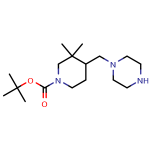 Chemical structure of tert-Butyl 3,3-dimethyl-4-(piperazin-1-ylmethyl)piperidine-1-carboxylate , CAS 2940949-85-7, AChemBlock AD282486
