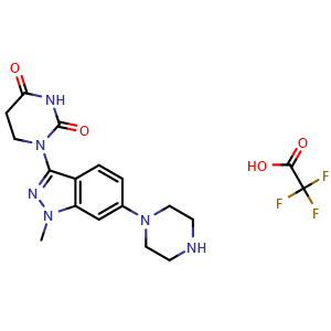 Chemical structure of 1-(1-Methyl-6-piperazin-1-yl-indazol-3-yl)hexahydropyrimidine-2,4-dione 2,2,2-trifluoroacetic acid , CAS 3025454-36-5, AChemBlock AD282496