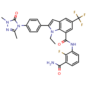 Chemical structure of N-(3-Carbamoyl-2-fluoro-phenyl)-2-[4-(1,3-dimethyl-5-oxo-1,2,4-triazol-4-yl)phenyl]-1-ethyl-5-(trifluoromethyl)indole-7-carboxamide , CAS 3033741-50-0, AChemBlock AD282500