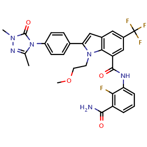 Chemical structure of N-(3-Carbamoyl-2-fluoro-phenyl)-2-[4-(1,3-dimethyl-5-oxo-1,2,4-triazol-4-yl)phenyl]-1-(2-methoxyethyl)-5-(trifluoromethyl)indole-7-carboxamide , CAS 3033741-68-0, AChemBlock AD282501