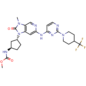 Chemical structure of Methyl N-[(1R,3R)-3-[3-methyl-2-oxo-6-[[2-[4-(trifluoromethyl)-1-piperidyl]pyrimidin-4-yl]amino]imidazo[4,5-c]pyridin-1-yl]cyclopentyl]carbamate , CAS 3057053-89-8, AChemBlock AD282504