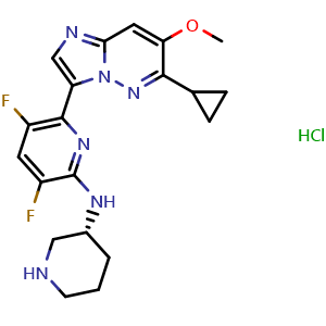 Chemical structure of 2-Pyridinamine, 6-(6-cyclopropyl-7-methoxyimidazo[1,2-b]pyridazin-3-yl)-3,5-difluoro-N-(3R)-3-piperidinyl hydrochlorid , CAS 3061545-61-4, AChemBlock AD282506