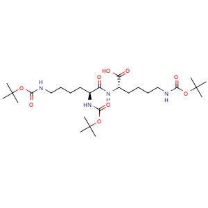 Chemical structure of (2S)-2-[[(2S)-2,6-Bis(tert-butoxycarbonylamino)hexanoyl]amino]-6-(tert-butoxycarbonylamino)hexanoic acid , CAS 45315-76-2, AChemBlock AD282521