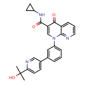 Chemical structure of N-Cyclopropyl-1-[3-[6-(1-hydroxy-1-methyl-ethyl)-3-pyridyl]phenyl]-4-oxo-1,8-naphthyridine-3-carboxamide , CAS 477252-30-5, AChemBlock AD282524