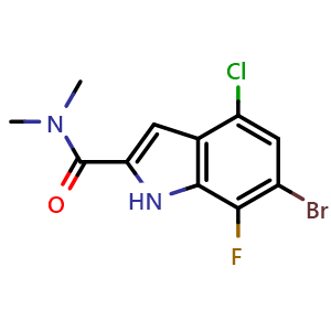 Chemical structure of 6-Bromo-4-chloro-7-fluoro-N,N-dimethyl-1H-indole-2-carboxamide , CAS 3077376-54-3, AChemBlock AD282550