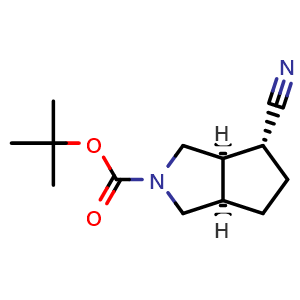 Chemical structure of rel-(3aR,4R,6aR)-tert-Butyl 4-cyano-hexahydrocyclopenta[c]pyrrole-2(1H)-carboxylate , AChemBlock AD282569