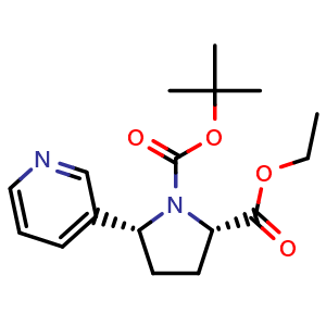 Chemical structure of Cis-Ethyl-1-(((2-methylprop-2-yl)oxy)carbonyl)-5-(pyridin-3-yl)pyrrolidine-2-carboxylate , AChemBlock AD282571