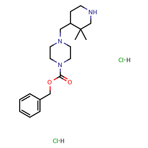 Chemical structure of Benzyl 4-[(3,3-dimethyl-4-piperidyl)methyl]piperazine-1-carboxylate dihydrochloride , AChemBlock AD282596