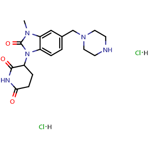 Chemical structure of 3-[3-Methyl-2-oxo-5-(piperazin-1-ylmethyl)benzimidazol-1-yl]piperidine-2,6-dione dihydrochloride , AChemBlock AD282608