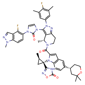 Chemical structure of 3-[(1R,2R)-1-[5-[(4R)-2,2-dimethyltetrahydropyran-4-yl]-2-[(4R)-2-(4-fluoro-3,5-dimethyl-phenyl)-3-[3-(4-fluoro-1-methyl-indazol-5-yl)-2-oxo-imidazol-1-yl]-4-methyl-6,7-dihydro-4H-pyrazolo[4,3-c]pyridine-5-carbonyl]indol-1-yl]-2-methyl-cyclopropyl]-4.. , AChemBlock AD282610