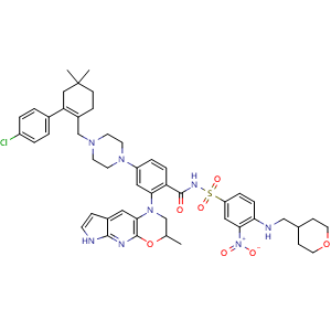 Chemical structure of 4-[4-[[2-(4-chlorophenyl)-4,4-dimethyl-cyclohexen-1-yl]methyl]piperazin-1-yl]-2-(12-methyl-13-oxa-2,4,10-triazatricyclo[7.4.0.03]trideca-1(9),2,5,7-tetraen-10-yl)-N-[3-nitro-4-(tetrahydropyran-4-ylmethylamino)phenyl]sulfonyl-benzamide , AChemBlock AD282613
