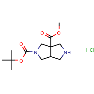 Chemical structure of O5-tert-Butyl O3a-methyl 1,2,3,4,6,6a-hexahydropyrrolo[3,4-c]pyrrole-3a,5-dicarboxylate hydrochloride , AChemBlock AD282616