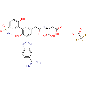 Chemical structure of (2S)-2-[[2-[3-(5-Carbamimidoyl-1H-benzimidazol-2-yl)-4-hydroxy-5-(2-hydroxy-5-sulfamoyl-phenyl)phenyl]acetyl]amino]butanedioic acid 2,2,2-trifluoroacetic acid , AChemBlock AD282617
