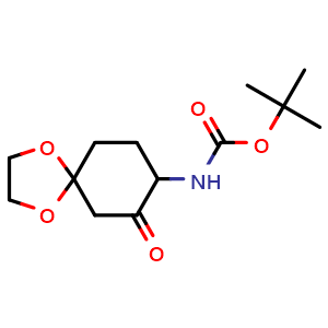 Chemical structure of tert-Butyl N-(7-oxo-1,4-dioxaspiro[4.5]decan-8-yl)carbamate , AChemBlock AD282625