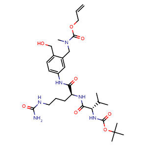Chemical structure of Allyl N-[[5-[[(2S)-2-[[(2S)-2-(tert-butoxycarbonylamino)-3-methyl-butanoyl]amino]-5-ureido-pentanoyl]amino]-2-(hydroxymethyl)phenyl]methyl]-N-methyl-carbamate , AChemBlock AD282626