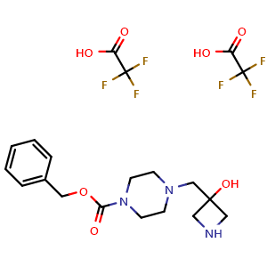 Chemical structure of Benzyl 4-[(3-hydroxyazetidin-3-yl)methyl]piperazine-1-carboxylate bis(2,2,2-trifluoroacetic acid) , AChemBlock AD282635