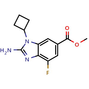 Chemical structure of Methyl 2-amino-3-cyclobutyl-7-fluoro-benzimidazole-5-carboxylate , AChemBlock AD282640