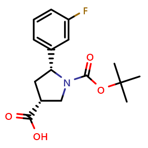 Chemical structure of (3R,5R)-1-tert-Butoxycarbonyl-5-(3-fluorophenyl)pyrrolidine-3-carboxylic acid , AChemBlock AD282643