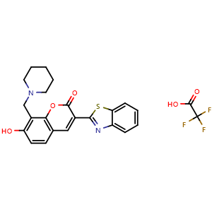 Chemical structure of 3-(1,3-Benzothiazol-2-yl)-7-hydroxy-8-(1-piperidylmethyl)chromen-2-one 2,2,2-trifluoroacetic acid , AChemBlock AD282663