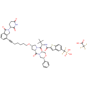 Chemical structure of [[2-[[(1S)-1-[(2S,4S)-4-[7-[2-(2,6-dioxo-3-piperidyl)-1-oxo-isoindolin-4-yl]hept-6-ynoxy]-2-[(2R)-2-phenylmorpholine-4-carbonyl]pyrrolidine-1-carbonyl]-2,2-dimethyl-propyl]carbamoyl]benzothiophen-5-yl]-difluoro-methyl]phosphonic acid 2,2,2-trifluoroa.. , AChemBlock AD282664