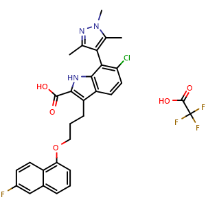 Chemical structure of 6-chloro-3-[3-[(6-fluoro-1-naphthyl)oxy]propyl]-7-(1,3,5-trimethylpyrazol-4-yl)-1H-indole-2-carboxylic acid 2,2,2-trifluoroacetic acid , AChemBlock AD282665