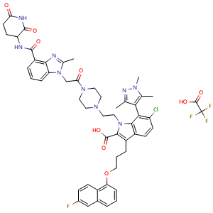 Chemical structure of 6-chloro-1-[2-[4-[2-[4-[(2,6-dioxo-3-piperidyl)carbamoyl]-2-methyl-benzimidazol-1-yl]acetyl]piperazin-1-yl]ethyl]-3-[3-[(6-fluoro-1-naphthyl)oxy]propyl]-7-(1,3,5-trimethylpyrazol-4-yl)indole-2-carboxylic acid 2,2,2-trifluoroacetic acid , AChemBlock AD282666