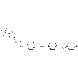 Chemical structure of 1-(5-tert-Butylisoxazol-3-yl)-3-[4-[2-[4-(2,7-diazaspiro[3.5]nonan-2-yl)phenyl]ethynyl]phenyl]urea , AChemBlock AD282679