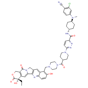 Chemical structure of N-((1r,4r)-4-((3-chloro-4-cyanophenyl)(methyl)amino)cyclohexyl)-6-(4-(4-(((S)-4-ethyl-4,9-dihydroxy-3,14-dioxo-3,4,12,14-tetrahydro-1H-pyrano[3',4':6,7]indolizino[1,2-b]quinolin-10-yl)methyl)piperazine-1-carbonyl)piperidin-1-yl)pyridazine-3-carboxami.. , AChemBlock AD282682