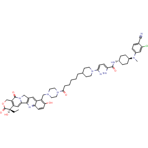 Chemical structure of N-((1r,4r)-4-((3-chloro-4-cyanophenyl)(methyl)amino)cyclohexyl)-6-(4-(6-(4-(((S)-4-ethyl-4,9-dihydroxy-3,14-dioxo-3,4,12,14-tetrahydro-1H-pyrano[3',4':6,7]indolizino[1,2-b]quinolin-10-yl)methyl)piperazin-1-yl)-6-oxohexyl)piperidin-1-yl)pyridazine-3-c.. , AChemBlock AD282683