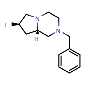 Chemical structure of (7R,8aS)-2-Benzyl-7-fluoro-3,4,6,7,8,8a-hexahydro-1H-pyrrolo[1,2-a]pyrazine , AChemBlock AD282688