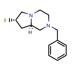 Chemical structure of (7S,8aR)-2-Benzyl-7-fluoro-3,4,6,7,8,8a-hexahydro-1H-pyrrolo[1,2-a]pyrazine , AChemBlock AD282689