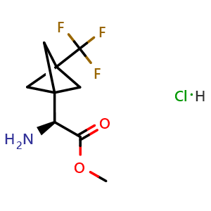 Chemical structure of Methyl (2S)-2-amino-2-[3-(trifluoromethyl)-1-bicyclo[1.1.1]pentanyl]acetate hydrochloride , AChemBlock AD282703