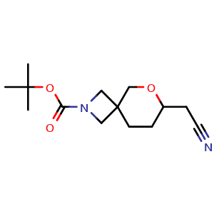 Chemical structure of tert-Butyl 7-(cyanomethyl)-6-oxa-2-azaspiro[3.5]nonane-2-carboxylate , AChemBlock AD282708