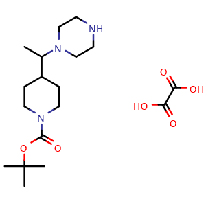 Chemical structure of tert-Butyl 4-(1-piperazin-1-ylethyl)piperidine-1-carboxylate oxalic acid , AChemBlock AD282715