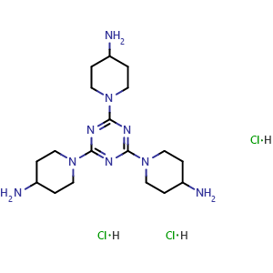 Chemical structure of 1-[4,6-Bis(4-amino-1-piperidyl)-1,3,5-triazin-2-yl]piperidin-4-amine trihydrochloride , AChemBlock AD282751