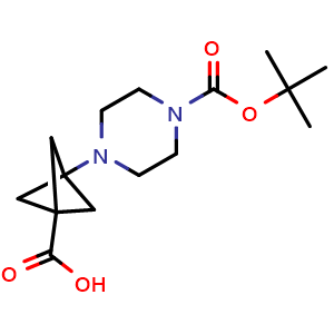Chemical structure of 3-(4-tert-Butoxycarbonylpiperazin-1-yl)bicyclo[1.1.1]pentane-1-carboxylic acid , AChemBlock AD282754