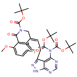 Chemical structure of 2-Methylpropan-2-yl {[(5-fluoro-2-methoxyphenyl)carbonyl]({4-[4-(2,2,8,8-tetramethyl-4,6-dioxo-5-aza-3,7-dioxanon-5-yl)-1H-pyrazolo[3,4-d]pyrimidin-3-yl]phenyl}methyl)amino}methanoate , AChemBlock AD282786