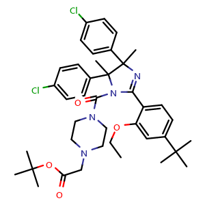 Chemical structure of 2-Methylpropan-2-yl (4-{[4,5-bis(4-chlorophenyl)-2-[2-ethoxy-4-(2-methylprop-2-yl)phenyl]-4,5-dimethyl-4,5-dihydro-3H-imidazol-3-yl]carbonyl}piperazin-1-yl)acetate , AChemBlock AD282789