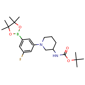 Chemical structure of 3-[3-(Boc-amino)piperidin-1-yl]-5-fluorophenylboronic acid pinacol ester , AChemBlock AD282809