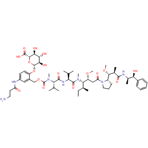 Chemical structure of (2S,3S,4S,5R,6S)-6-[4-(3-Aminopropanamido)-2-[(5S,8S,11S,12R)-11-[(S)-sec-butyl]-12-[2-[(S)-2-[(1R,2R)-3-[[(1S,2R)-1-hydroxy-1-phenylpropan-2-yl]amino]-1-methoxy-2-methyl-3-oxopropyl]pyrrolidin-1-yl]-2-oxoethyl]-5,8-diisopropyl-4,10-dimethyl-3,6,9-tr.. , AChemBlock AD282812