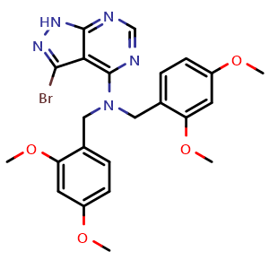 Chemical structure of 3-Bromo-N,N-bis(2,4-dimethoxybenzyl)-1H-pyrazolo[3,4-d]pyrimidin-4-amine , AChemBlock AD282815