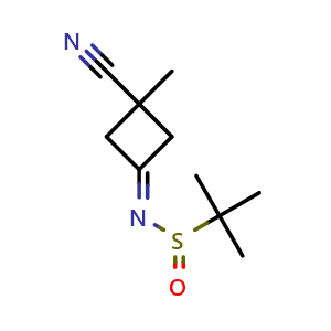 Chemical structure of N-(3-Cyano-3-methylcyclobutylidene)-2-methylpropane-2-sulfinamide , AChemBlock AD282837