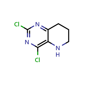 Chemical structure of 2,4-Dichloro-5,6,7,8-tetrahydropyrido[3,2-d]pyrimidine , CAS 1260669-81-5, AChemBlock AD282985