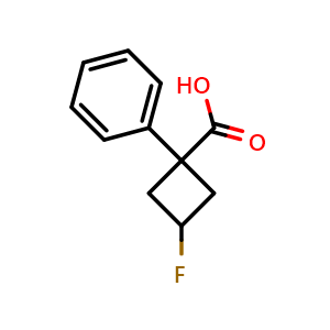 Chemical structure of 3-Fluoro-1-phenylcyclobutanecarboxylic acid , CAS 1552638-76-2, AChemBlock AD283038