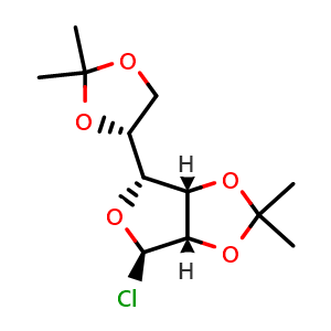 Chemical structure of (3aS,4R,6R,6aS)-4-Chloro-6-[(R)-2,2-dimethyl-1,3-dioxolan-4-yl]-2,2-dimethyltetrahydrofuro[3,4-d][1,3]dioxole , CAS 17087-84-2, AChemBlock AD283050